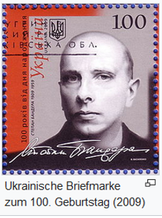 Ein Bild einer Briefmarke aus der Ukraine, das Stefan Banderra zeigt. Die Briefmarke wurde zum 100. Geburtstag von Banderra herausgegeben.