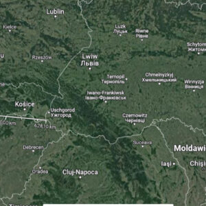Das Bild zeigt im Westen (links) eine der kürzesten Entfernungen von Deutschland in die Ukraine, zum anderen im Osten die Kriegsschauplätze.