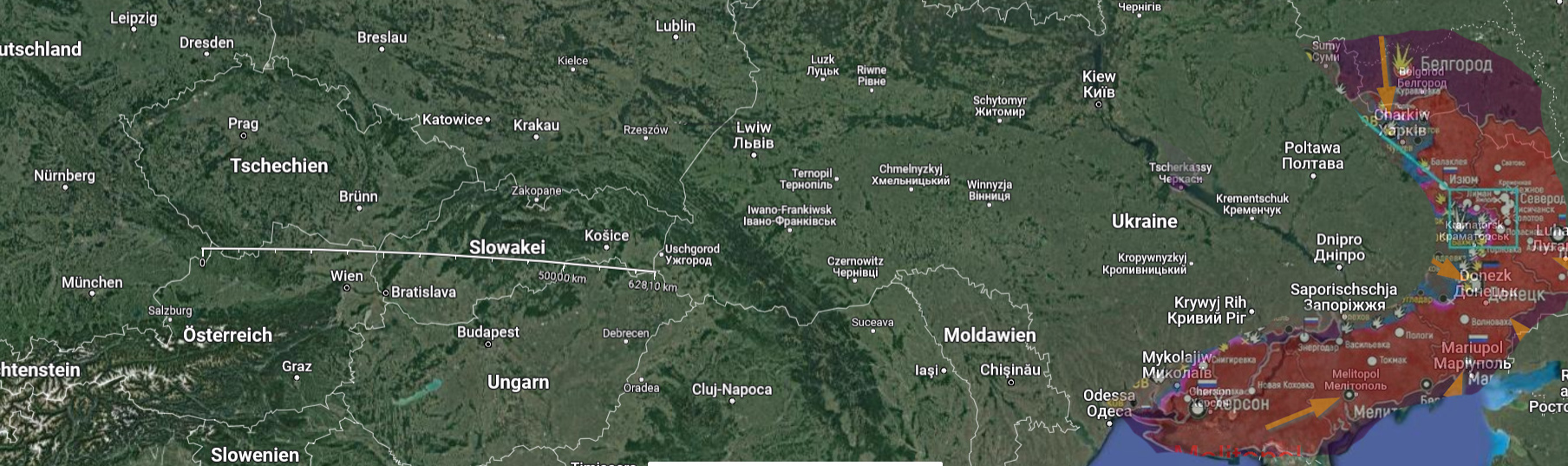 Das Bild zeigt im Westen (links) eine der kürzesten Entfernungen von Deutschland in die Ukraine, zum anderen im Osten die Kriegsschauplätze.